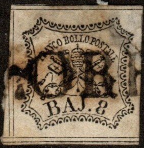 Italy (Papal State) 9  - Used - 8 baj Coat of Arms (1852) (cv $40.00)