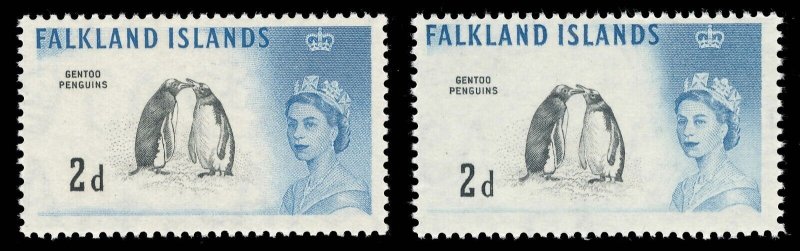 Falkland Islands QEII Gentoo Penguins 2d in the two printings MNH. SG 195,195a