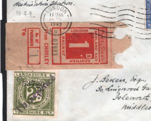 GB KGVI WW2 1943 Cover LMS RAILWAY Late Use 3d LANCS & YORKS Letter Stamp R175b 