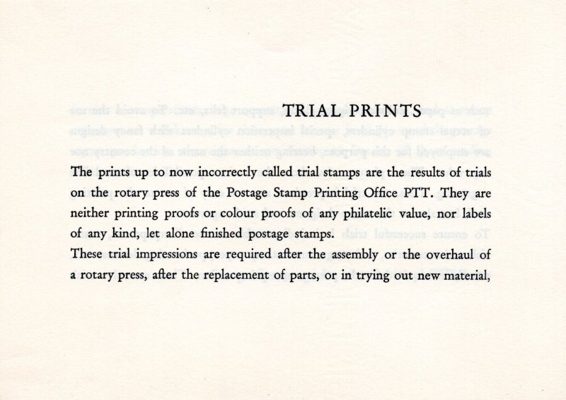 SWITZERLAND 1950'S TRIAL PRINTS OF THE POSTAGE STAMP PRINTING OFFICE
