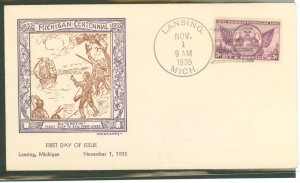 US 775 1935 3c Michigan Statehood Centennial (single) on an unaddressed first day cover with a Grandy cachet.