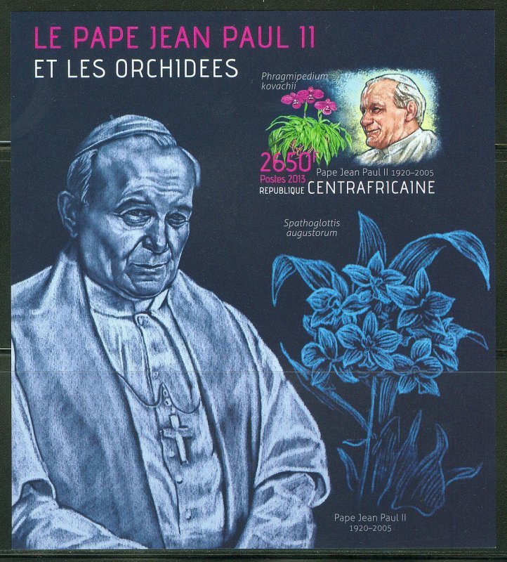 CENTRAL AFRICA  2013 ORCHIDS & POPE JOHN PAUL II   SOUVENIR SHEET IMPERFORATE