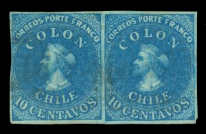 CHILE 1862 COLUMBUS - London print - 10c blue - blued pp Sc# 12b used VF/XF PAIR