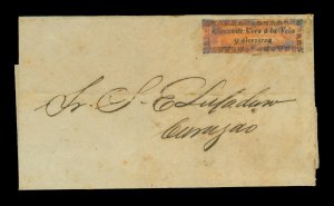 VENEZUELA 1869 Correo de Coro á la Vela y viceversa(1r)rose on entire to Curacao