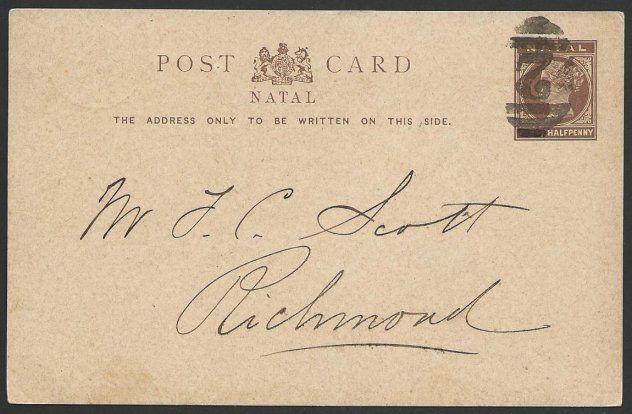 NATAL 1894 ½d postcard : Barred 2 cancel to Richmond.......................49733