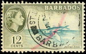 BARBADOS Sc 242 F-VF/USED- 1954 12¢ Flying Fish & Q. E. II