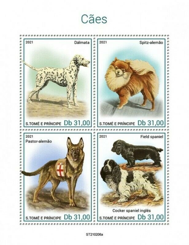 St Thomas - 2021 Dog Breeds, Spitz, Shepherd, Spaniel - 4 Stamp Sheet ST210206a