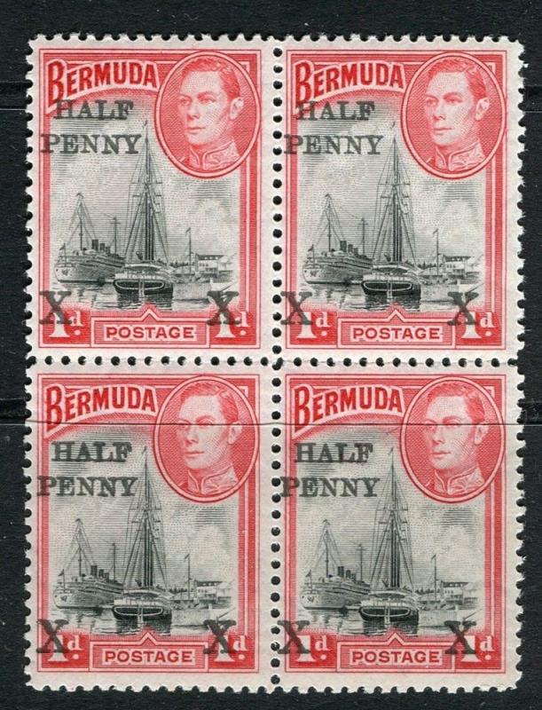 BERMUDA; 1940s early GVI issue fine Mint HALF PENNY surcharge BLOCK of 4