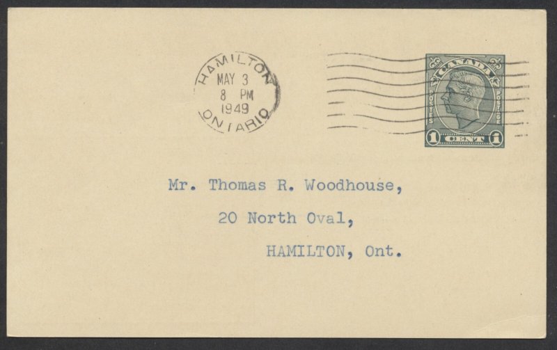 1949 P166 1c George VI PSC Hamilton SUNOCO Service Station Advertising Back