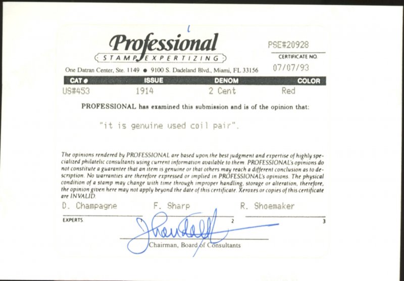U.S. #453 USED PAIR WITH PSE CERT