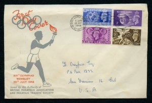 Great Britain 1948 KGVI Wembley Olympics FDC  to San Francisco