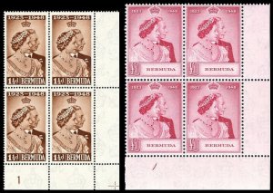 Bermuda 1948 KGVI Silver Wedding set SE corner PLATE 1 blocks MNH. SG 125-126.