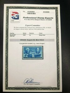 US stamp scott# 947 Post cent 1947 mint OG NH MNH PSE cert Graded Superb 98 $50