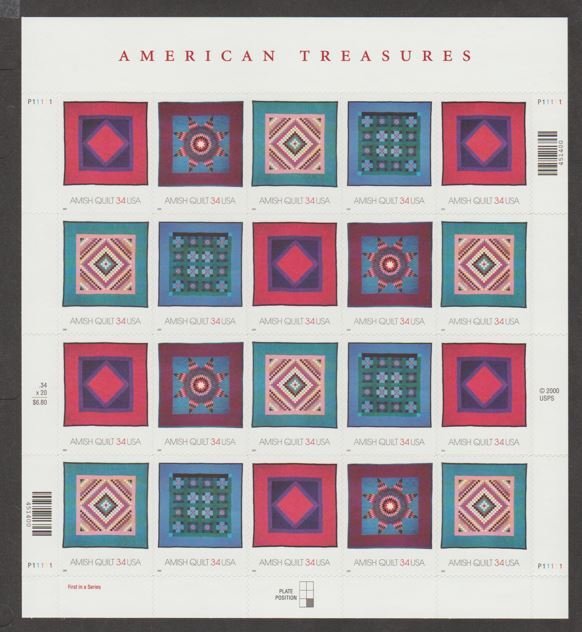 U.S. Scott #3524-3527 Amish Quilts Stamps - Mint NH Sheet - LR Plate