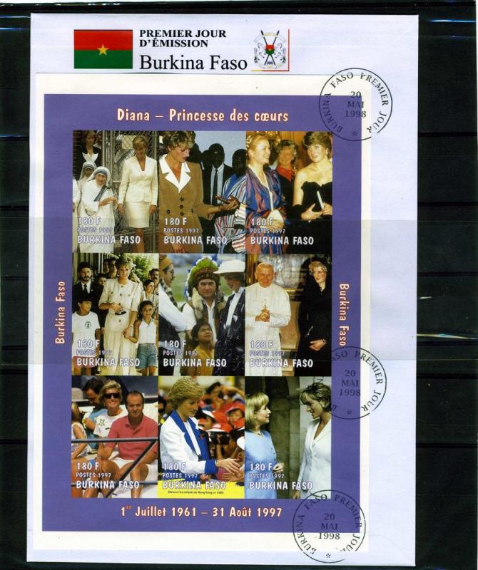 Burkina Faso 1998 Pope John Paul II-Princess Diana Sheet Imperforated in FDC