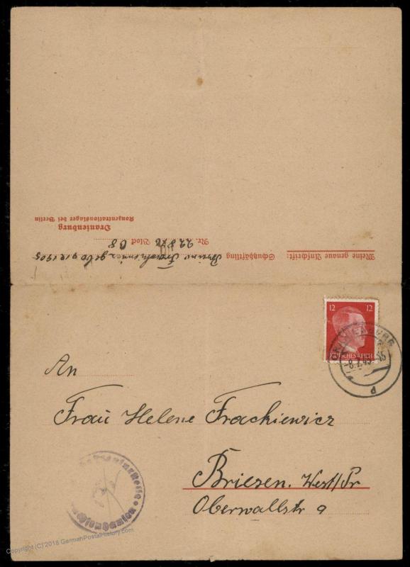 Germany 1943 Sachsenhausen Oranienburg Concentration Camp Stationery Cover 91688