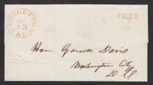 US Stampless Cover, red FREE handstamp, Georgetown KY to Washington City DC