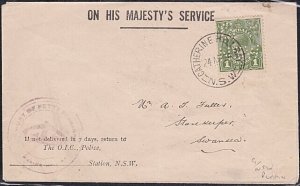 AUSTRALIA 1936 OHMS Police cover - GV 1d G/NSW Perfin - Catherine Hill Bay cds