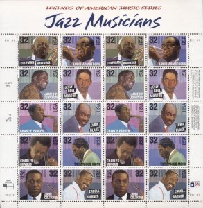 US: 1998 JAZZ MUSICIANS; Complete Sheet Sc 3216-19; 32 Cents Jackson Ward Martin 