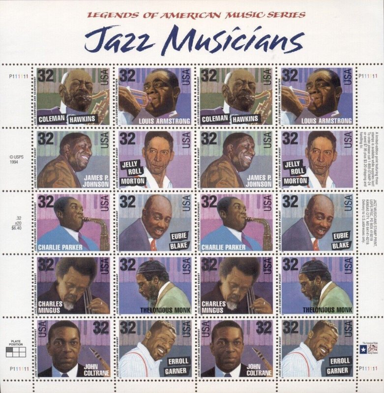 US: 1998 JAZZ MUSICIANS; Complete Sheet Sc 3216-19; 32 Cents Jackson Ward Martin 