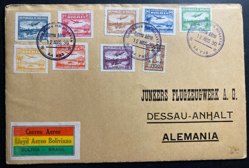 1930 La Paz Bolivia Early Airmail Cover To Dessau Germany Sc#C27-34 