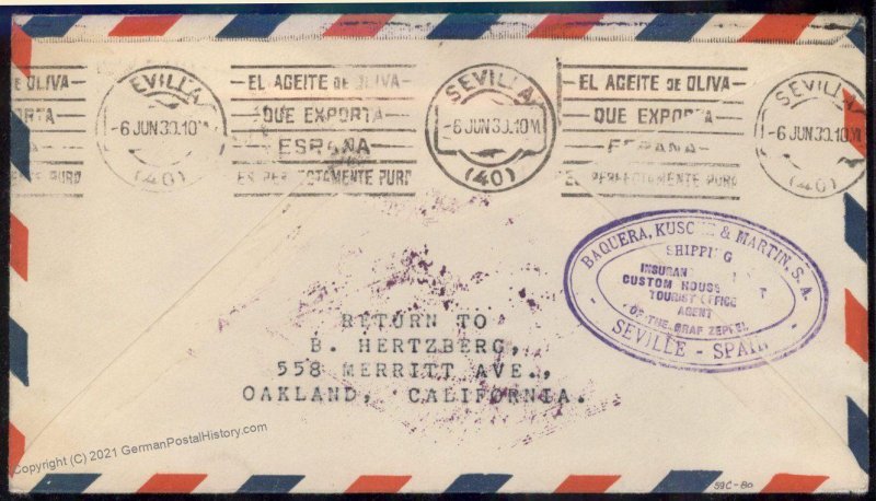 Brazil 1930 Graf Zeppelin Si59 Rio Pernambuco Seville Cover Pan America 100831