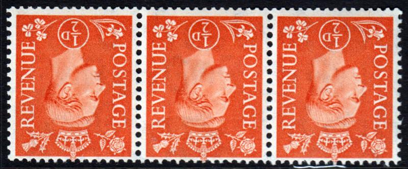 GB KGVI 1950 0.5d Pale Orange SG503Wi Inverted Watermark Block x 3 Mint Hinged