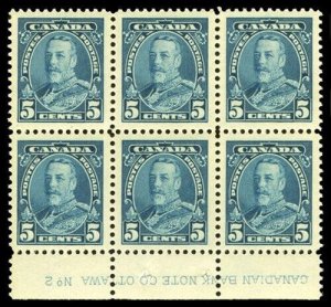 Canada 1935 KGV 5c blue marginal PLATE 2 block of six MLH. Unitrade 221. SG 345.