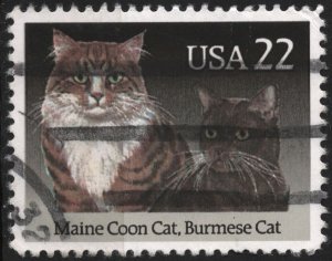 SC#2374 22¢ Cats: Maine Coon Cat, Burmese Cat Single (1988) Used