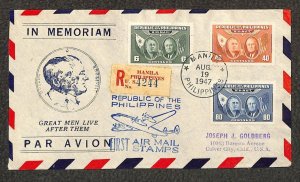 PHILIPPINES C64-66 STAMPS PRESIDENT ROOSEVELT MEMORIAM FDC REGISTERED COVER 1947