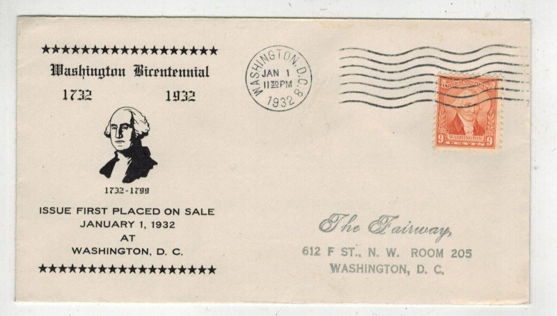 1932 GEORGE WASHINGTON BICENTENNIAL YEAR FDC BY FAIRWAY 714-56 Nice!