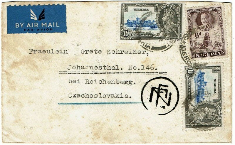 Nigeria 1937 Port Harcourt cancel on airmail cover to CZECHOSLOVAKIA