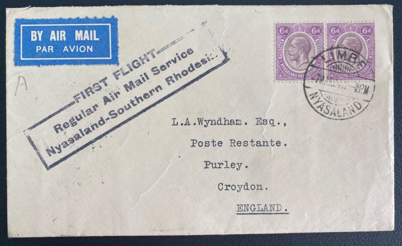 1934 Limbe Nyasaland First Flight Airmail Cover FFC To Croydon England