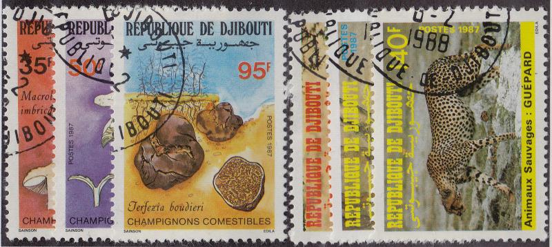 DJIBOUTI CTO Scott # 625-630 Mushrooms & Animals - remnants, 5fr thin (6 Stamps)