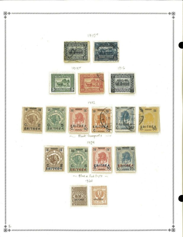 Eritrea 1892-1934 Mint in Mounts & Used Hinged on Scott International Pages.