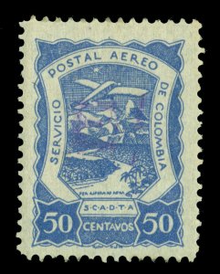 COLOMBIA 1921 AIRMAIL - SCADTA - Spain E handstamp 50c blue Sc# CLE6 mint MNH