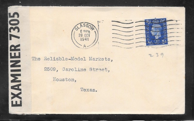 Great Britain #239 on GLASGOW OCT/28/1941 Censored Cover (A1242)