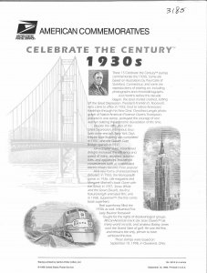 USPS COMMEMORATIVE PANEL #551A CELEBRATE THE CENTURY 1930S #3185