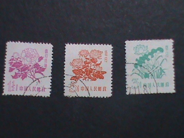 ​CHINA-1958-SC#389-91-R10 PEONEY-LOTUS & CHRYSANTHEMUM FLOWERS- USED VERY FINE