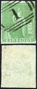 Barbados SG1 (1/2d) Yellow Green SUPERB 3 margins Great Colour Cat 700 pounds