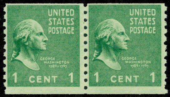 Scott 839   1¢ George Washington Prexie Coil Pair, MNH