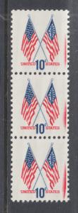 US Sc 1509 MNH. 1973 10c Crossed Flags, strip of 3 with red ink smear at right