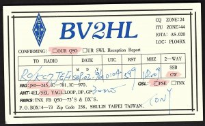 QSL QSO RADIO CARD BV2HL,Shulin Taipei,1996, Taiwan (Q2600)