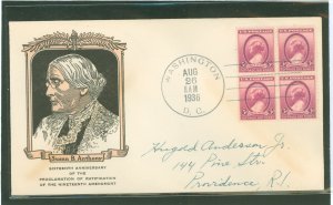 US 784 1936 3c Nineteenth amendment (Susan B. Anthony) block of 4 on an addressed first day cover with a Linprint cachet.