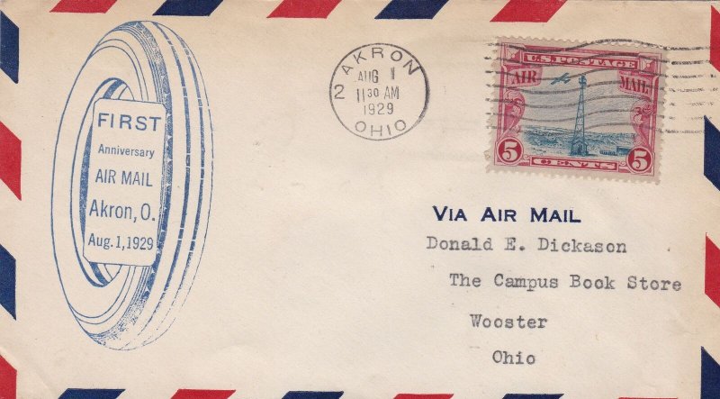 US First Anniversary Airmail AKRON Ohio Wheel Shape Slogan1929 Stamp Cover 48502