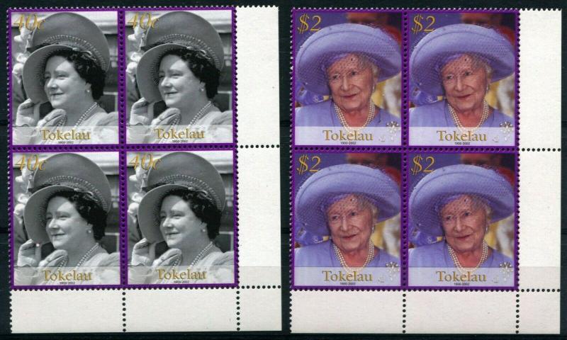 Tokelau 2Blocks of 4 #312 #313 Queen Mother Elizabeth 40c $2 Stamps Postage MNH