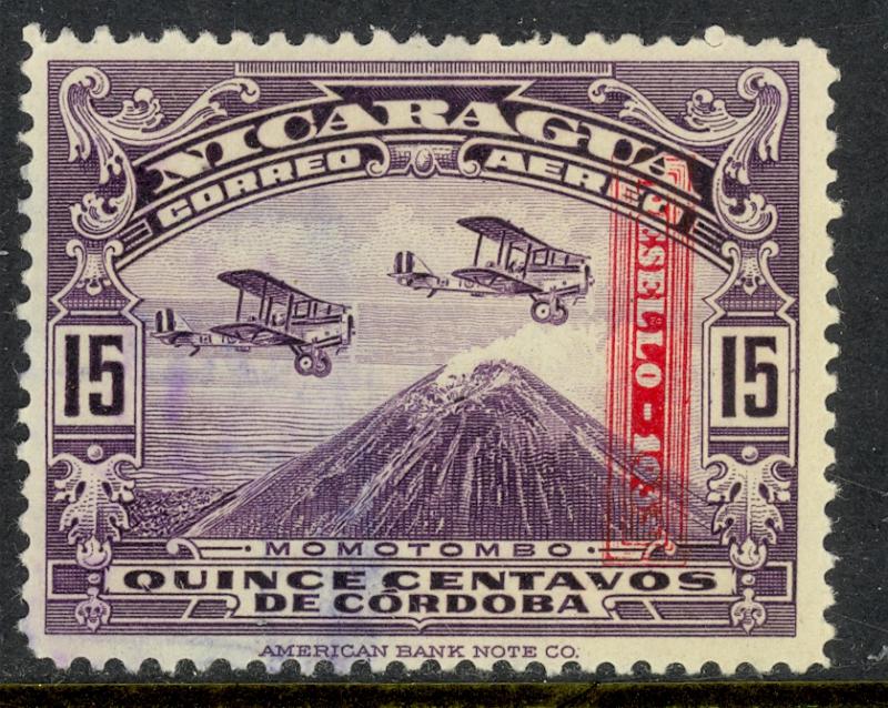 NICARAGUA 1936 15c AIRPLANES OVER MOUNT MOMOTOMBO RESELLO OVPT Sc C152 VFU