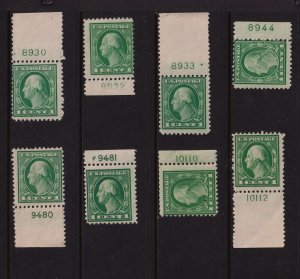 1917 Sc 498 MNH lot of 8 singles, plate numbers 8930 / 10112 Hebert CV $48 (B11