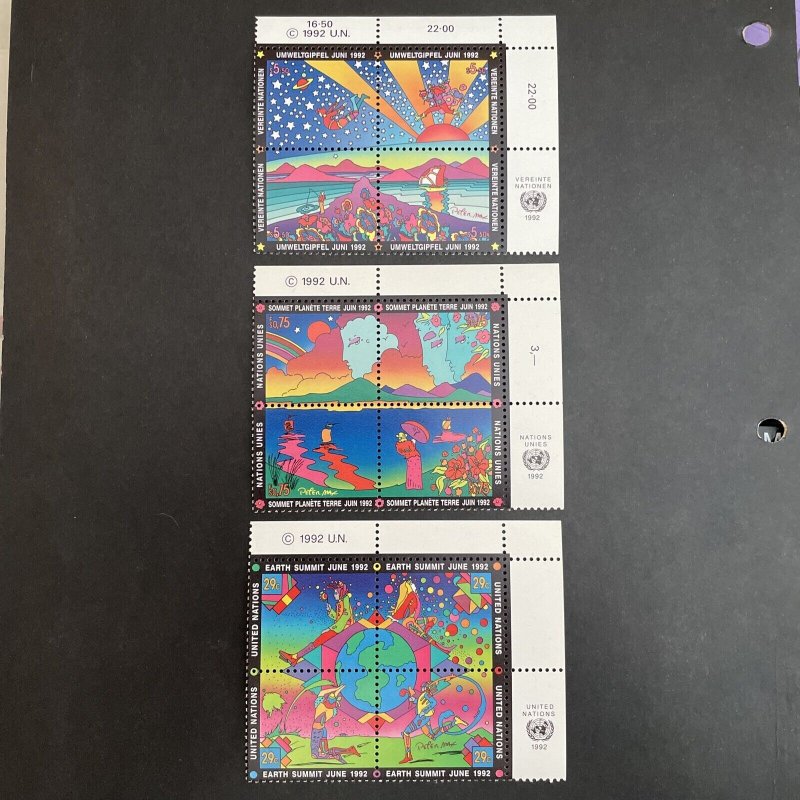 United Nations 1992 Earth Summit Blocks of 4 MNH, NY, Geneva, Vienna Peter Max 