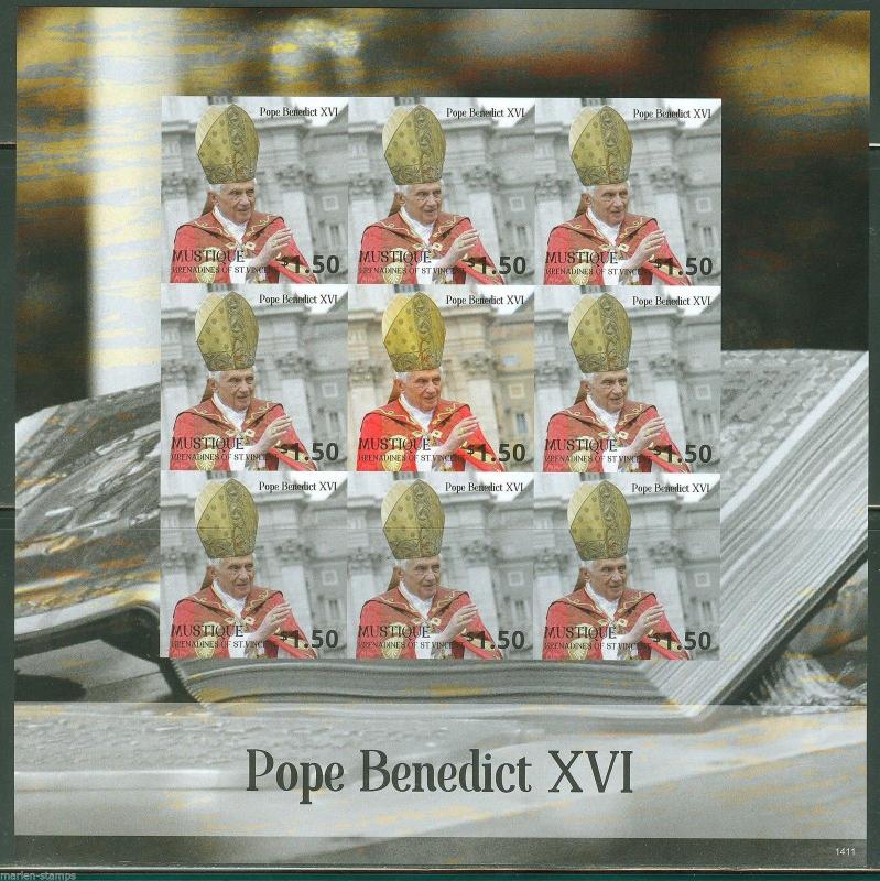 MUSTIQUE  2014 POPE BENEDICT XVI SHEET  I  OF NINE  IMPERFORATE MINT NH